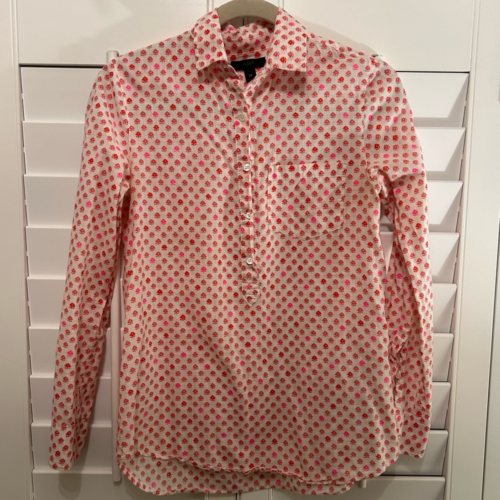 J Crew Block Print Cotton Peplum Collared Long Sleeve Shirt
